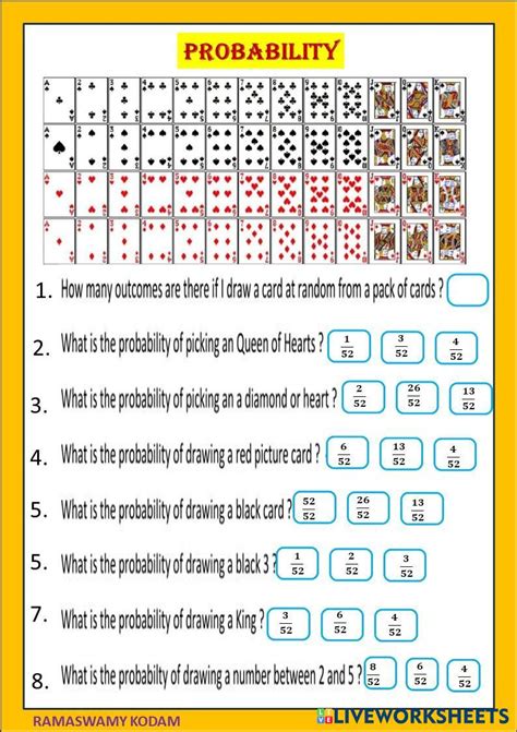 deck of cards probability worksheet